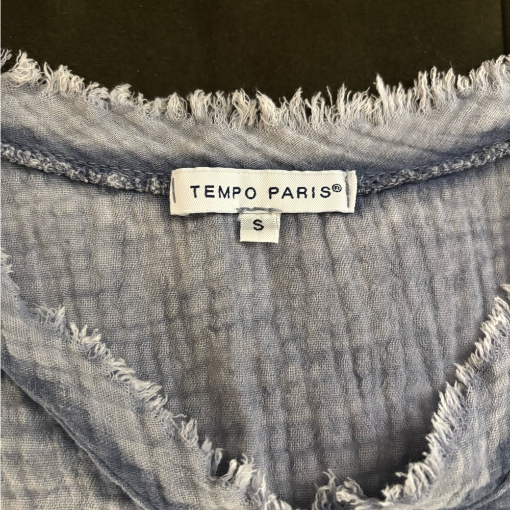 Tempo Paris Light Blue Frayed Sleeve Tank Size Small - Picture 4 of 7